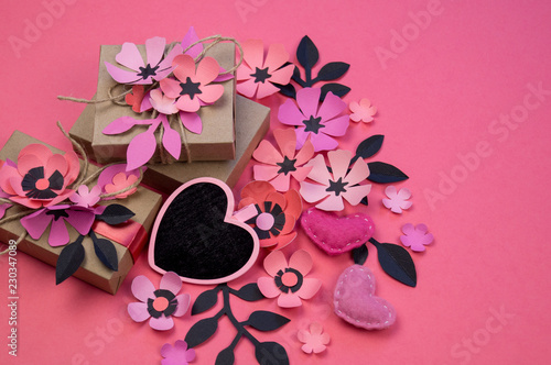 Presents decorated with rose flowers sakura and leaves