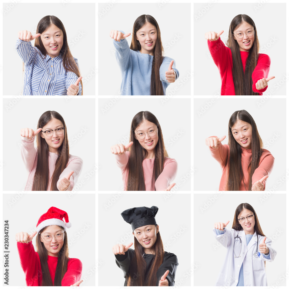 Collage of young doctor, chef asian woman isolated background approving doing positive gesture with hand, thumbs up smiling and happy for success. Looking at the camera, winner gesture. Collage of young doctor, chef asian woman isolated background approving doing positive gesture with hand, thumbs up smiling and happy for success. Looking at the camera, winner gesture.