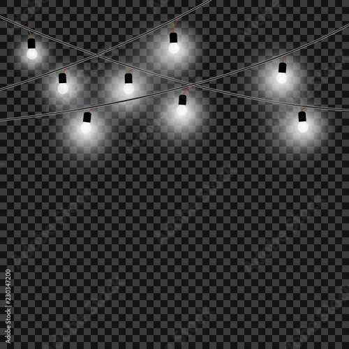Christmas light bulbs. A set of white lights and decorative objects. White xmas glowing garlands, homemade. Vector, isolated background.