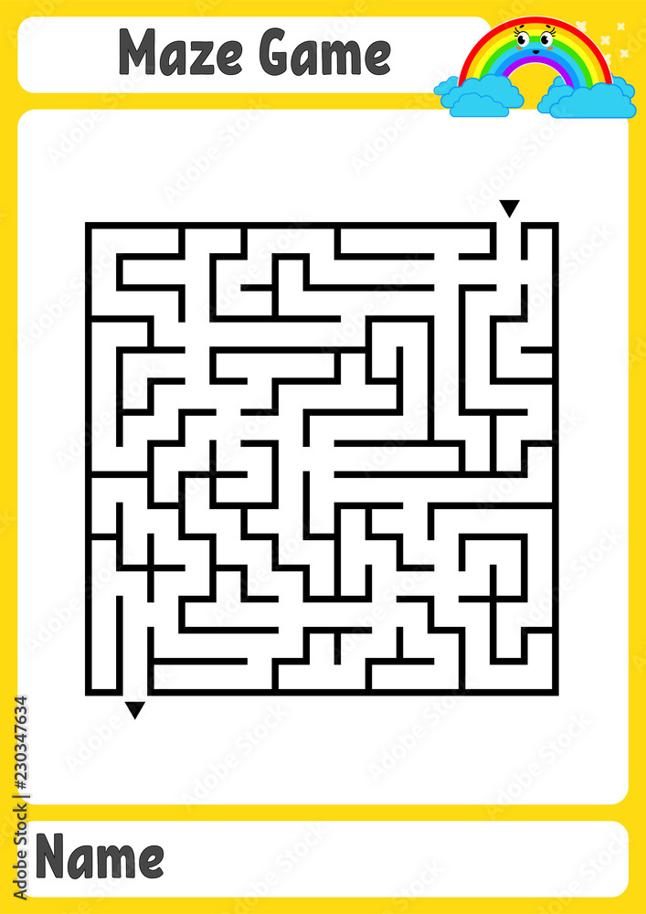 Abstract square maze. Kids worksheets. Game puzzle for children. Funny rainbow on a colored background. One entrances, one exit. Labyrinth conundrum. Vector illustration. With place for name. Abstract square maze. Kids worksheets. Game puzzle for children. Funny rainbow on a colored background. One entrances, one exit. Labyrinth conundrum. Vector illustration. With place for name.