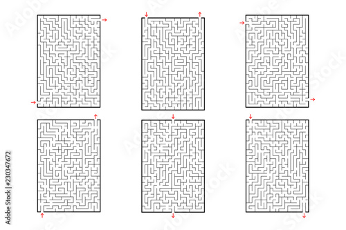 A set of rectangular mazes. Game for kids. Puzzle for children. Labyrinth conundrum. Flat vector illustration isolated on white background.