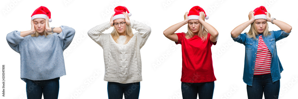 Collage of young beautiful blonde woman wearing christmas hat over white isolated backgroud suffering from headache desperate and stressed because pain and migraine. Hands on head. Collage of young beautiful blonde woman wearing christmas hat over white isolated backgroud suffering from headache desperate and stressed because pain and migraine. Hands on head.
