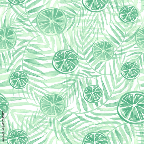 Watercolor abstract seamless background, pattern, spot, splash of paint, blot, divorce, color. Green leaves of a tree, palms,abstract fruit, citrus, orange.abstract splash.green, white paint color. 