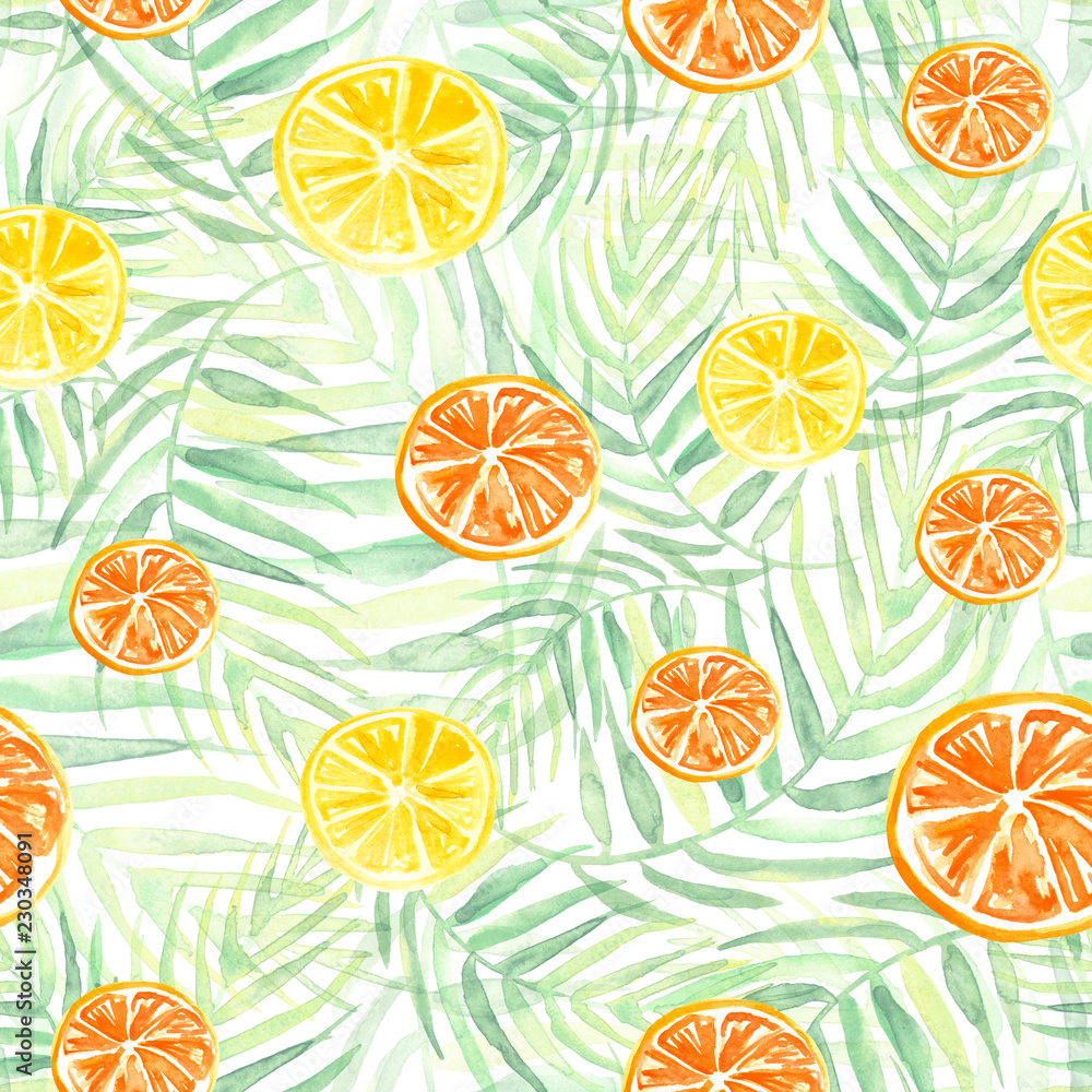 Watercolor abstract seamless background, pattern, spot, splash of paint, blot, divorce, color. green leaves of a tree, palms, abstract fruit, citrus, lemon, orange. abstract yellow,Orange splash