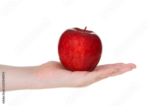 Young female hand holding one delicious red apple in open palm isolated on white background.
