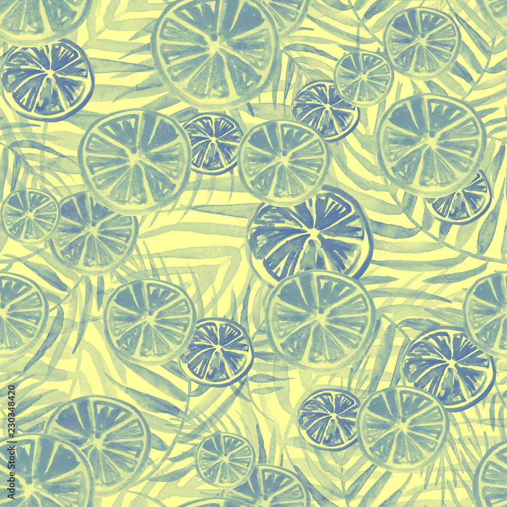 Watercolor abstract seamless background, pattern, spot, splash of paint, blot, divorce, color.blue, orange, yellow leaves of a tree, palms, abstract fruit, citrus, orange. abstract splash. Watercolor abstract seamless background, pattern, spot, splash of paint, blot, divorce, color.blue, orange, yellow leaves of a tree, palms, abstract fruit, citrus, orange. abstract splash.