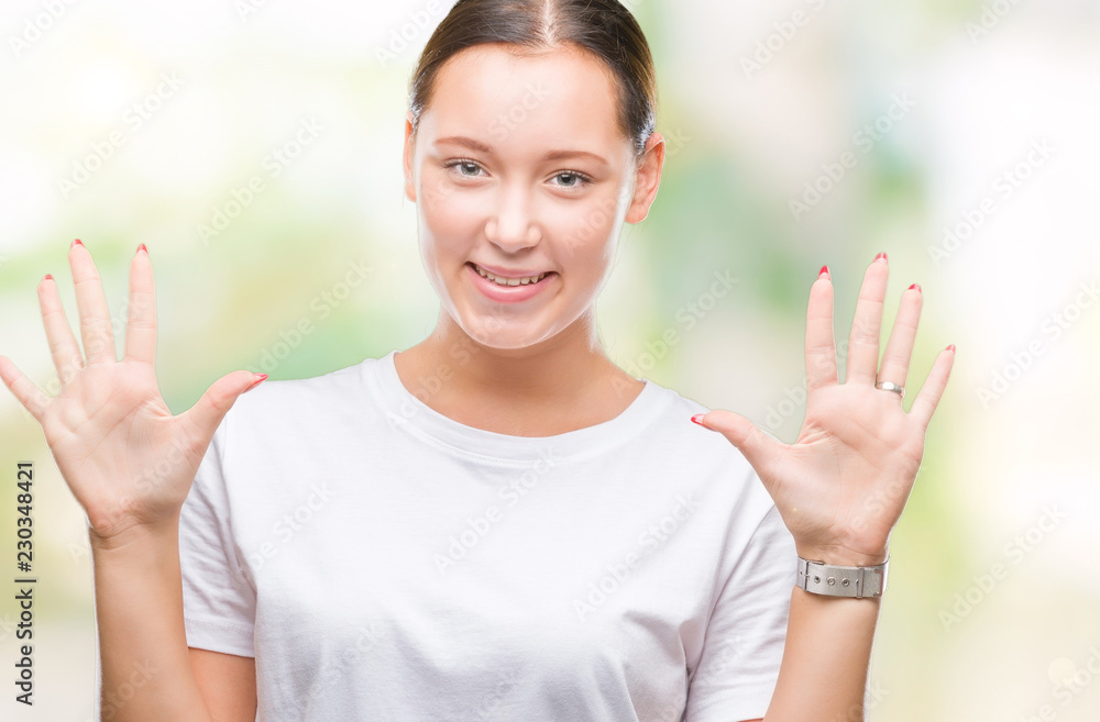 Young beautiful caucasian woman over isolated background showing and pointing up with fingers number ten while smiling confident and happy. Young beautiful caucasian woman over isolated background showing and pointing up with fingers number ten while smiling confident and happy.