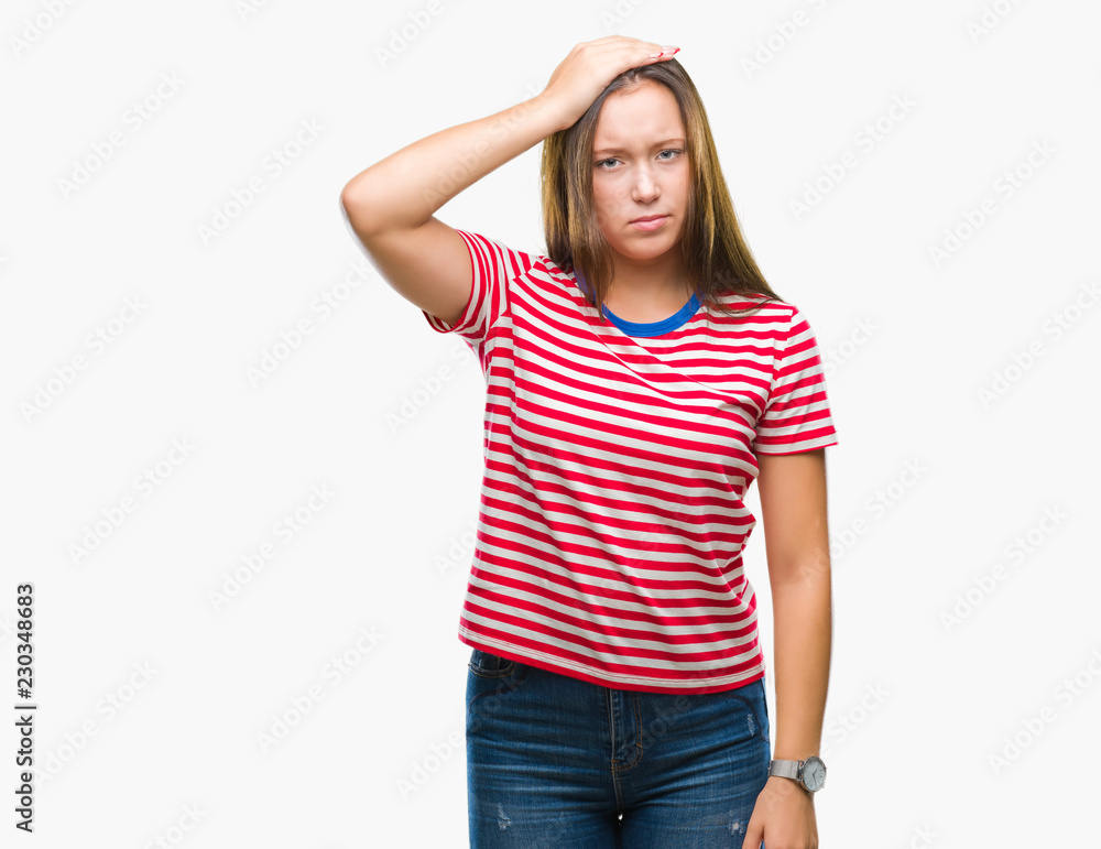 Fototapeta premium Young caucasian beautiful woman over isolated background confuse and wonder about question. Uncertain with doubt, thinking with hand on head. Pensive concept.