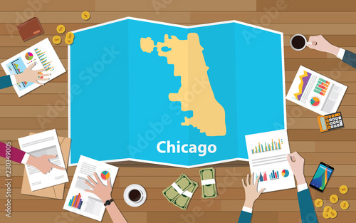 chicago usa united states of america city region economy growth with team discuss on fold maps view from top
