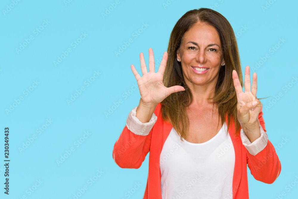 Beautiful middle age business adult woman over isolated background showing and pointing up with fingers number eight while smiling confident and happy. Beautiful middle age business adult woman over isolated background showing and pointing up with fingers number eight while smiling confident and happy.