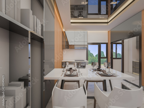 3d rendering of dining area and Pantry in house