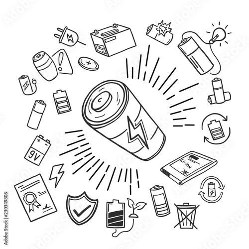 Battery element icon doodle was drawn by hand on the tablet. Vector illustration.
