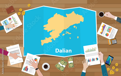 dalian china liaoning province city region economy growth with team discuss on fold maps view from top