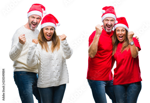 Collage of middle age mature beautiful couple wearing christmas hat over white isolated background very happy and excited doing winner gesture with arms raised, smiling and screaming for success