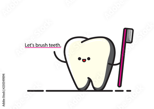 Let's brush teeth. Cute tooth cartoon is persuading people to brush their teeth. Vector Illustration.