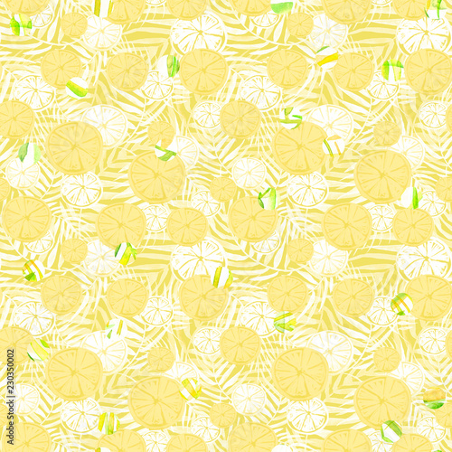 Watercolor abstract seamless background, pattern, spot, splash of paint, blot, divorce, color. yellow, orange leaves of a tree, palms, abstract fruit, citrus, lemon, orange. abstract yellow splash. 