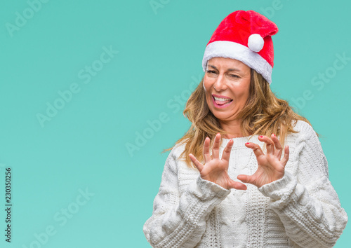 Middle age senior hispanic woman wearing christmas hat over isolated background disgusted expression  displeased and fearful doing disgust face because aversion reaction. With hands raised