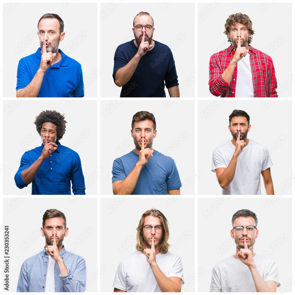 Collage of group of men over white isolated background asking to be quiet with finger on lips. Silence and secret concept. Collage of group of men over white isolated background asking to be quiet with finger on lips. Silence and secret concept.