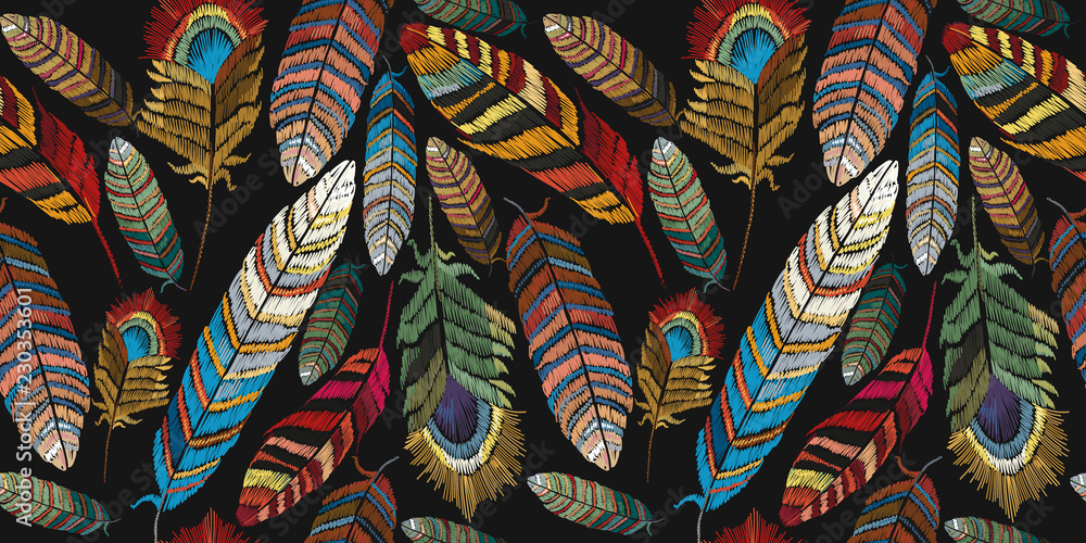 Feathers embroidery seamless pattern. Beautiful tropical peacock feathers embroidery, template textiles, t-shirt design