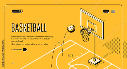 Basketball team, sport club black line art, isometric vector web banner, web site template with ball jumping on court in hoop illustration. Basketball championship, sport game tournament landing page