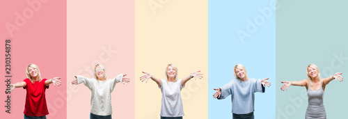 Collage of beautiful blonde woman over colorful stripes isolated background looking at the camera smiling with open arms for hug. Cheerful expression embracing happiness.
