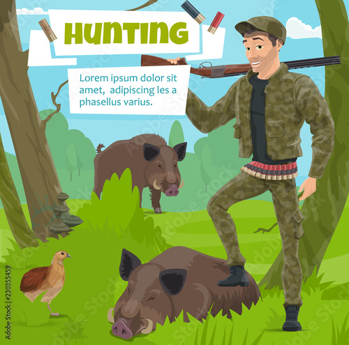 Hunter with wild animals trophy in forest