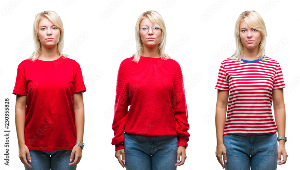 Collage of beautiful blonde woman wearing casual red over isolated background with serious expression on face. Simple and natural looking at the camera.