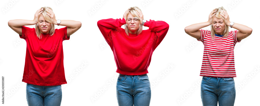 Collage of beautiful blonde woman wearing casual red over isolated background suffering from headache desperate and stressed because pain and migraine. Hands on head.