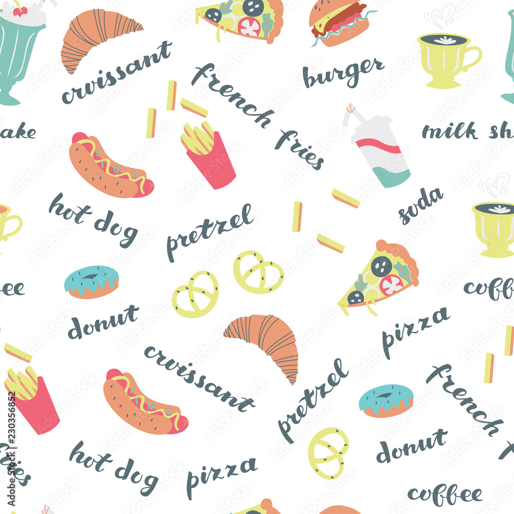 Seamless Background with Doodle Fast Food. Vector Illustration.