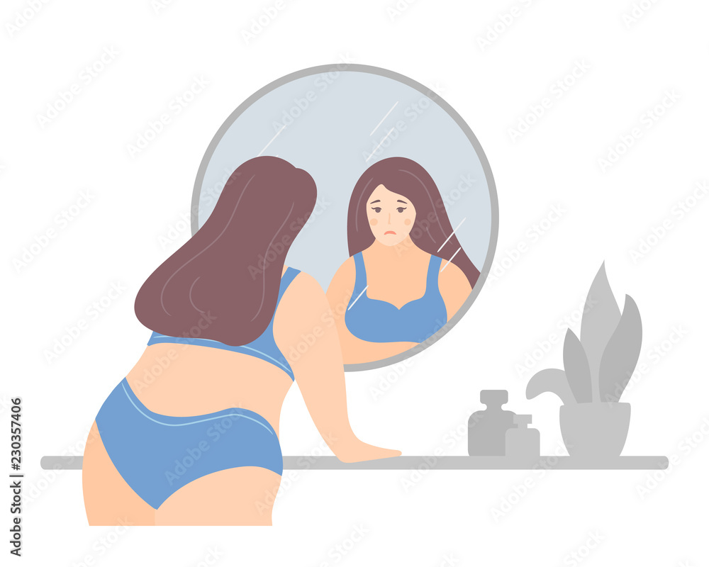 Unhappy plus size woman in underwear looking in the mirror sadly. Self acceptance and love your body concept. Vector illustration, cute cartoon flat minimal style.