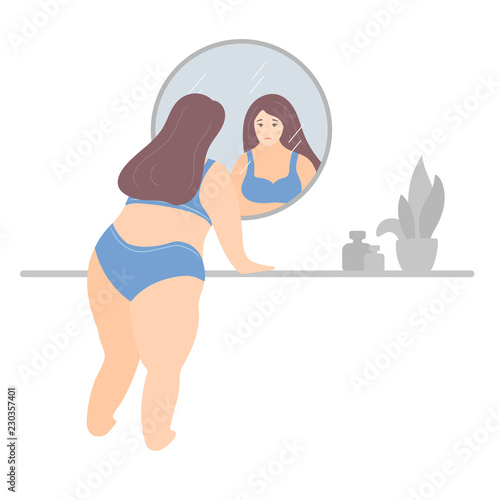 Unhappy plus size woman in underwear looking in the mirror sadly. Self acceptance and love your body concept. Vector illustration, cute cartoon flat minimal style.