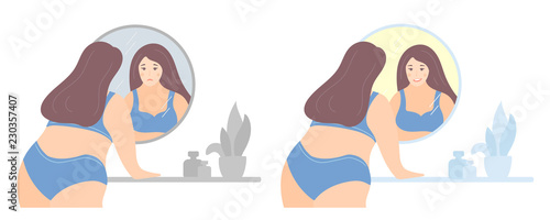 Love your body and self acceptance concept. Young plus size woman in underwear looking in the mirror sadly and confidently. Unhappy and happy girl. Vector illustration, cute cartoon flat minimal style