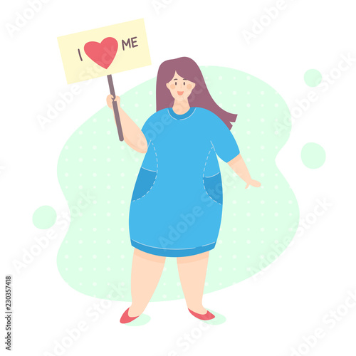 Love yourself and your body concept. Young plus size woman in blue dress holding  "I love me" sign as a symbol of self acceptance. Vector illustration, cute cartoon flat minimal style.