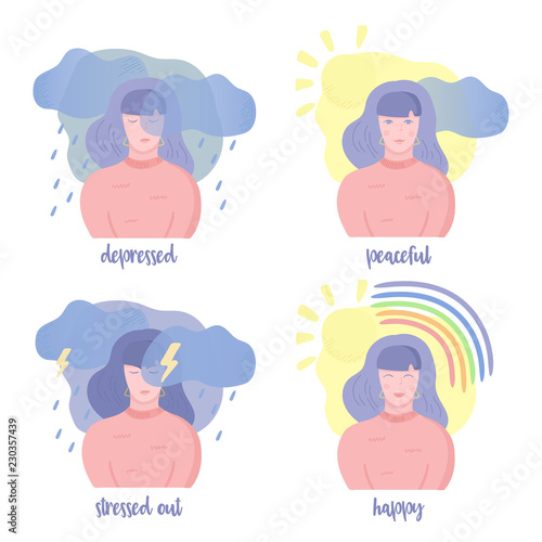 Set of mental states illustrations. Girl happy, depressed, peaceful and stressed out. Mental health weather concept. Clouds, rain, lightning, sun, rainbow. Vector illustration, cartoon flat style.