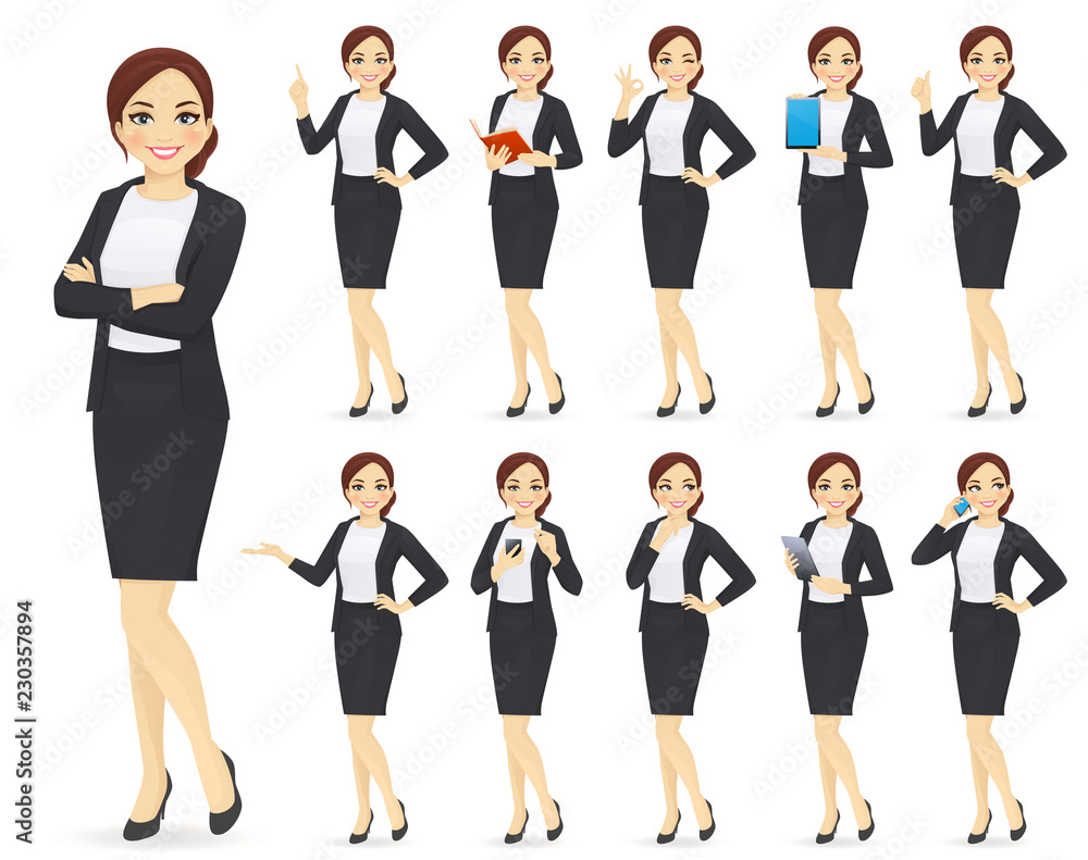 Businesswoman character in different poses set vector illustration Businesswoman character in different poses set vector illustration