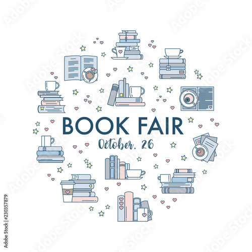 Book reading love icons, round shape composition. Template design for school book fairs, festivals and sales merch and goods. Vector illustration, flat line style.