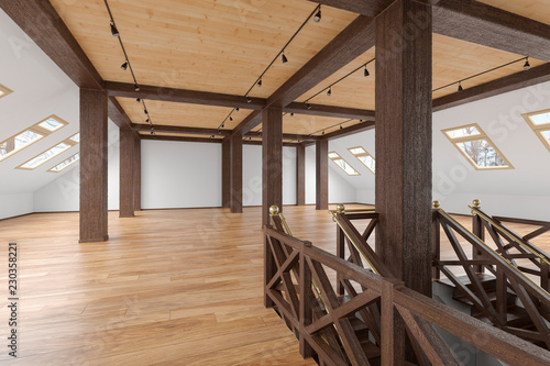 Attic loft open space empty interior with beams, windows, stairway, wooden floor. 3d render illustration mock up.