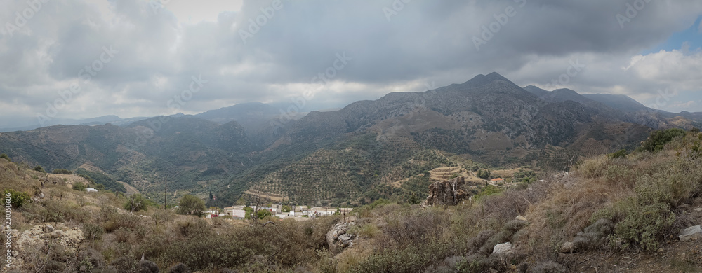 Hania, Crete - 09 25 2018: Polirinia. Small mountain. Panoramic view