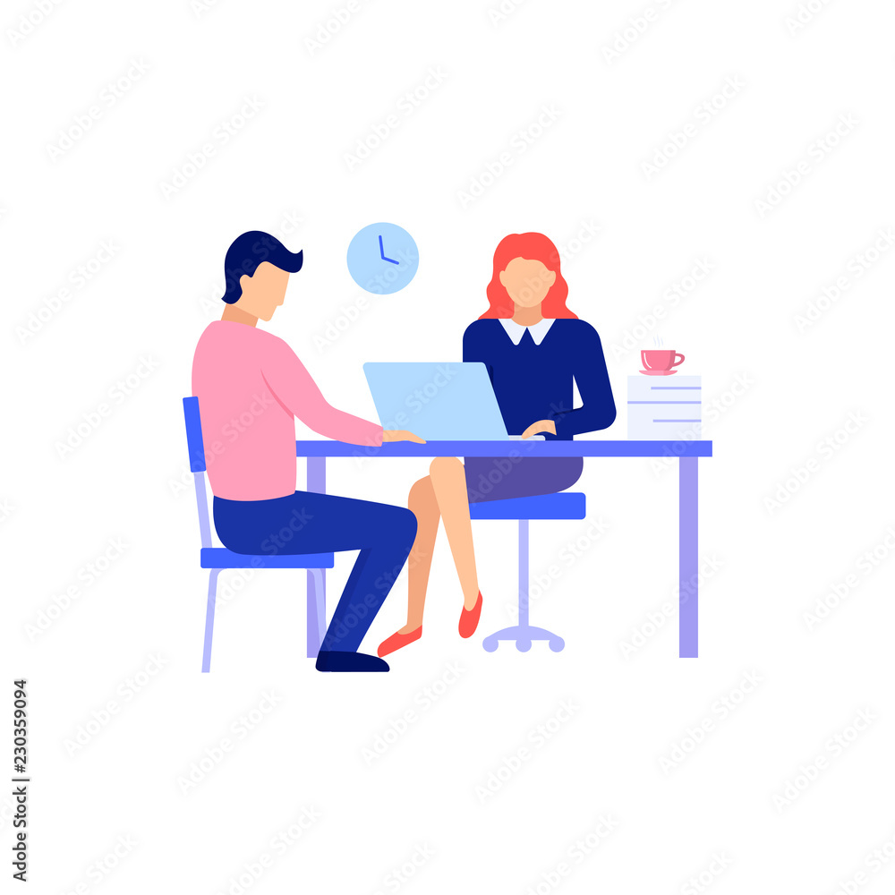 Man and Woman on interview conversation vector illustration.