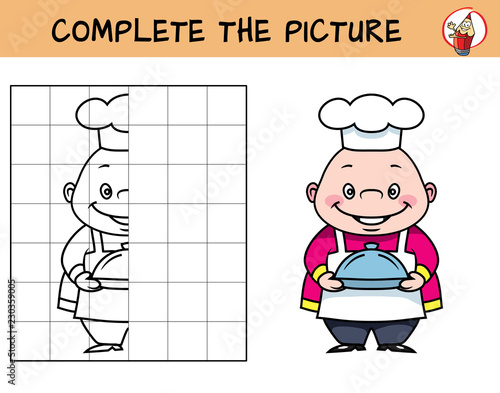 Complete the picture of a chef carrying plate with a cloche. Copy the picture. Coloring book. Educational game for children. Cartoon vector illustration
