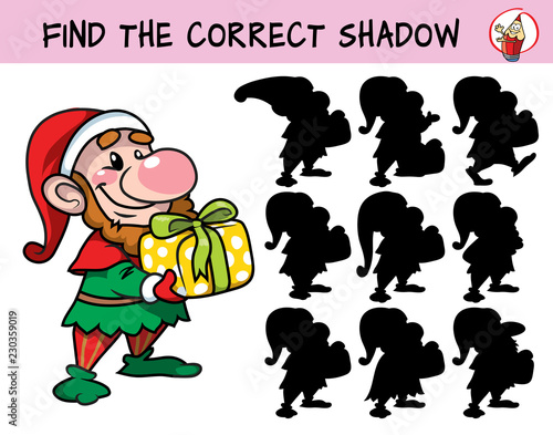 Funny dwarf with a christmas gift. Find the correct shadow. Educational matching game for children. Cartoon vector illustration
