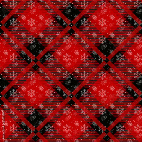 White snowflakes seamless with red tartan pattern. Winter white snow and plaid holidays collection. Vector illustration. eps10