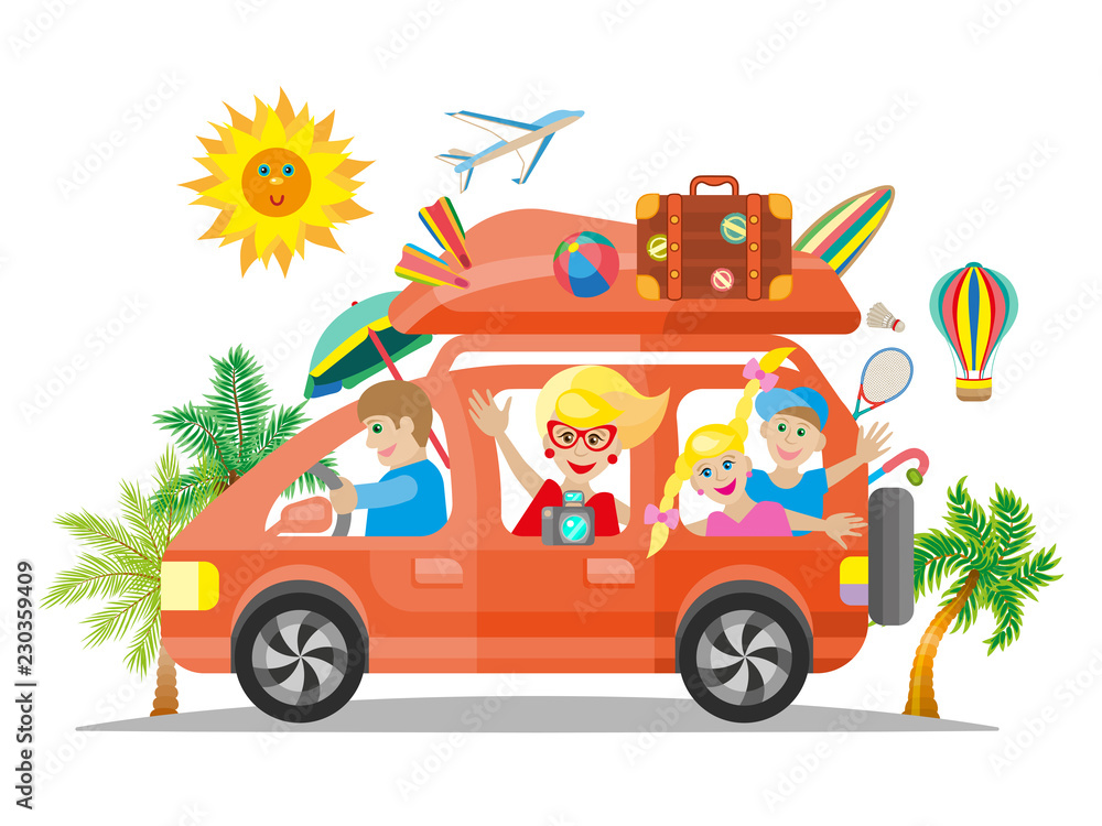 Fototapeta premium Happy family traveling by red car. Vector flat