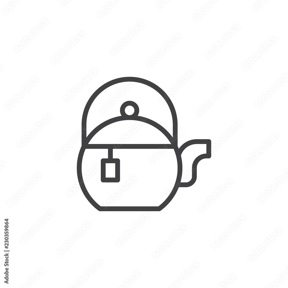 Tea pot with tea bag outline icon. linear style sign for mobile concept and web design. Green tea pot simple line vector icon. Symbol, logo illustration. Pixel perfect vector graphics Tea pot with tea bag outline icon. linear style sign for mobile concept and web design. Green tea pot simple line vector icon. Symbol, logo illustration. Pixel perfect vector graphics