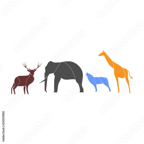 set of animal silhouette. deer, elephant, wolf and giraffe silhouette colorful logo.