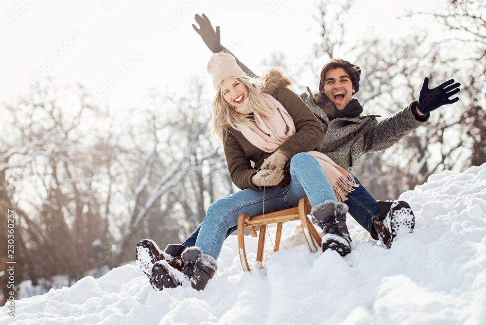 Φωτογραφία Two young people sliding on a sled