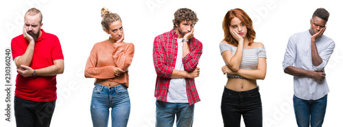 Collage of group of young people over colorful isolated background thinking looking tired and bored with depression problems with crossed arms.