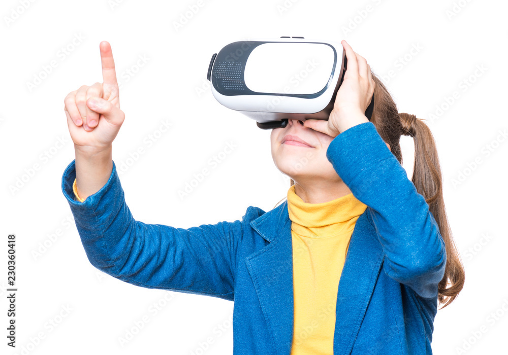 Happy little girl wearing virtual reality goggles watching movies or  playing video games. Cheerful smiling teenager looking in VR glasses. Funny  child experiencing 3D gadget technology. Stock Photo | Adobe Stock