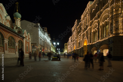 Historic buildings on Nikolskaya Street near the Moscow Kremlin at night, Russia