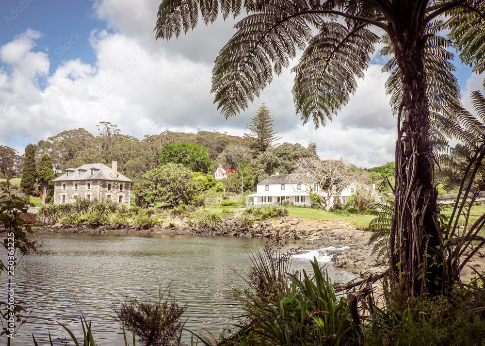 Kororipo Pa site in Kerikeri Basin with historic Stone Store, Mission House, Kemp House, River and Inlet in Northland, New Zealand, NZ